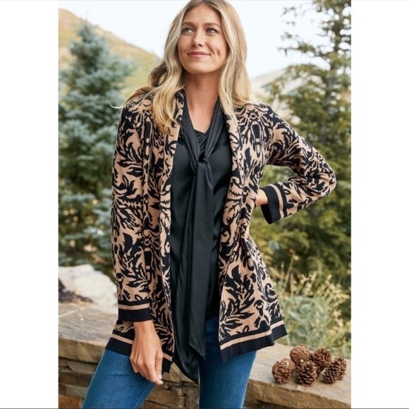 Soft Surroundings Westcourt Cardigan Sweater Tan Black 100% Cotton Size XS - Picture 1 of 9